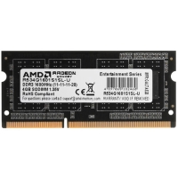 Оперативная память AMD Radeon R5, DDR3L, 4Gb (1x4Gb), 1600MHz, CL11, SO-DIMM, [R534G1601S1SL-UO]